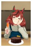  1girl animal_ears birthday_cake blurry blurry_background brown_hair cake champagne_flute cup drinking_glass ear_covers food grey_eyes grin hand_on_own_face highres holding holding_cup horse_ears indoors kuroneko_(kuroneko3zizi) long_sleeves looking_at_viewer medium_hair multicolored_hair nice_nature_(umamusume) overalls plate smile solo streaked_hair sweater table twintails umamusume upper_body 