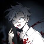  1boy black_shirt blood blood_on_clothes blood_on_face blood_on_wall blood_splatter blue_eyes chinese_commentary commentary_request glasses hand_up highres kanou_aogu labcoat long_sleeves male_focus miao_zaitu open_mouth pointing pointing_at_self rectangular_eyewear saibou_shinkyoku shirt short_hair smile solo white_hair 