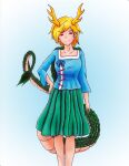  1girl blonde_hair blue_shirt dragon_horns dragon_tail highres horns kicchou_yachie pleated_skirt red_eyes self-upload shirt short_hair simple_background skirt smile tail touhou turtle_shell 