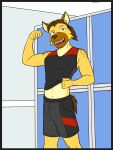  anthro bottomwear clothed clothing clothing_lift facial_hair flexing_bicep fuze fuzeyeen hi_res hyena male mammal midriff mustache navel shirt shirt_lift shorts solo spotted_hyena stubble tank_top topwear 