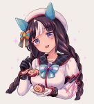  1girl animal_ears asymmetrical_gloves beret black_gloves blush bow bowtie braid breasts brown_hair cake cropped_torso ear_covers food fork gloves grey_background hair_bow hat hokko_tarumae_(umamusume) holding holding_fork holding_plate horse_ears jacket long_hair long_sleeves looking_at_viewer low_twin_braids medium_breasts mismatched_gloves multicolored_hair open_mouth plate purple_eyes simple_background smile solo sparkle streaked_hair swiss_roll twin_braids umamusume unajiru upper_body white_gloves white_headwear white_jacket 