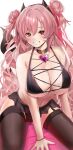  1girl bangs black_choker blue_archive breasts choker collarbone curly_hair demon_tail double_bun fang garter_belt garter_straps hair_bun heart highres horns jewelry keita_(kmfirstday) kirara_(blue_archive) large_breasts long_hair navel pink_hair red_eyes ring simple_background sitting smile solo stomach tail thighhighs very_long_hair white_background 