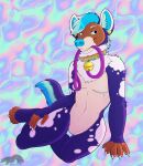  absurd_res anthro bell bell_collar collar fetishbruary hi_res hyena leash leash_in_mouth male mammal mastectomy_scar object_in_mouth piercing pinup pose scar solo thatblackfox_(artist) 