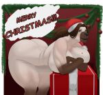  absurd_res anthro bent_over big_breasts big_butt breasts butt canid canine canis christmas christmas_clothing christmas_decorations christmas_headwear clothing colored crossed_arms domestic_dog english_text female gift_box hat headgear headwear hi_res holidays huge_butt huge_thighs mammal maria_(pancarta) mole_on_breast muscular nude pancarta santa_hat shaded smile solo text thick_thighs vein veiny_breasts wide_hips 