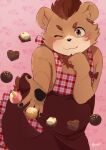  anthro apron bear blush brown_body brown_clothing brown_fur candy chocolate clothing dessert food fur hi_res hijirinoyuta holidays looking_at_viewer male mammal one_eye_closed oosumi_(tamacolle) slightly_chubby solo tamacolle valentine&#039;s_day wink 