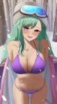  1girl absurdres bangs bare_shoulders bare_tree bikini blush breasts cleavage collarbone cowboy_shot green_hair grey_headwear highres hyon_2525 jacket large_breasts long_hair looking_at_viewer mole mole_on_breast navel o-ring o-ring_bikini o-ring_bottom o-ring_top open_clothes open_jacket open_mouth outdoors pink_jacket purple_bikini purple_eyes ski_goggles smile snow snowing solo string_bikini swept_bangs swimsuit tree undressing very_long_hair virtual_youtuber vspo! yakumo_beni 