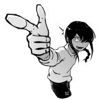  1girl artist_name black_hair blupixl braid braided_ponytail chainsaw_man greyscale hair_over_one_eye highres looking_to_the_side medium_hair monochrome nayuta_(chainsaw_man) open_mouth pointing pointing_to_the_side ringed_eyes simple_background solo sweater white_background 