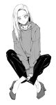  1girl commentary_request crossed_legs expressionless full_body greyscale high_heels highres hood hoodie long_hair looking_at_viewer monochrome original own_hands_together pants simple_background sitting sleeves_past_wrists solo straight-on vice_(kuronekohadokoheiku) 
