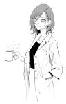  1girl absurdres commentary_request cowboy_shot cup earrings greyscale hand_in_pocket highres holding holding_cup jewelry labcoat looking_at_viewer medium_hair monochrome original simple_background smile solo steam stud_earrings vice_(kuronekohadokoheiku) 