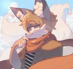  1boy animal_ear_fluff blonde_hair blue_sky borrowed_character brown_coat cloud cloudy_sky coat commentary cudlil english_commentary fox_boy furry furry_male glasses green_eyes highres male_focus original outdoors scarf shirt sky smile solo striped striped_shirt 