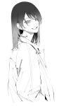  1girl bags_under_eyes commentary_request from_side greyscale hands_in_pockets highres jacket long_hair looking_at_viewer monochrome open_mouth original simple_background smile solo upper_body vice_(kuronekohadokoheiku) 