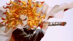  1boy blonde_hair cape closed_mouth colored_tips demon_slayer_uniform f_rabbit fighting_stance flame_print floating_cape floating_clothes floating_hair forked_eyebrows highres holding holding_sword holding_weapon katana kimetsu_no_yaiba long_hair long_sleeves male_focus multicolored_hair ready_to_draw red_hair rengoku_kyoujurou simple_background smile solo streaked_hair sword traditional_media upper_body veins weapon white_background white_cape yellow_eyes 