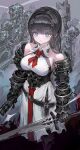  1girl armored_gloves bangs bare_shoulders black_hair blue_eyes cowboy_shot dress expressionless hair_ornament hairclip highres holding holding_sword holding_weapon long_hair looking_at_viewer necktie original red_necktie solo sword voruvoru weapon white_dress 