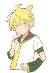  1boy ahoge blonde_hair blush bon_bon_eee detached_sleeves embarrassed finger_heart green_eyes headphones headset highres kagamine_len looking_at_viewer necktie sailor_collar sailor_shirt shirt short_ponytail short_sleeves solo vocaloid white_shirt yellow_necktie 