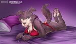  anthro beastars bed bedroom big_breasts blue_eyes bra breasts butt canid canine canis clothed clothing digital_media_(artwork) female fur furniture hi_res juno_(beastars) legwear lingerie looking_at_viewer lsheena lying mammal muscular on_bed panties pawpads paws simple_background smile solo solo_focus thigh_highs thong tongue tongue_out underwear wolf 