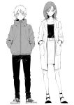  1boy 1girl absurdres belt collarbone commentary_request expressionless full_body greyscale hands_in_pockets high_heels highres hood hoodie labcoat looking_at_viewer medium_hair monochrome original pants pencil_skirt shoes short_hair simple_background skirt smile sneakers straight-on sweater sweater_tucked_in vice_(kuronekohadokoheiku) 