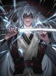  1boy bangs blue_eyes blue_hair colored_eyelashes dark_background electricity evie_(baoxiao) glowing glowing_eyes hair_ribbon highres holding holding_sword holding_weapon katana kyrgios_rodgraim long_hair long_sleeves looking_at_viewer male_focus omniscient_reader&#039;s_viewpoint ponytail ribbon robe serious shaded_face solo sword weapon wide_sleeves 