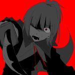  1other adagumo_no_saragimaru androgynous bangs blunt_bangs fangs fangs_out high_ponytail highres holding holding_knife knife len&#039;en mxx33 one_eye_covered red_background red_eyes short_hair snake_tail sweatdrop tail 