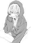  1girl fang feet_out_of_frame greyscale hair_between_eyes highres hood hood_up hoodie long_hair looking_at_viewer monochrome nijisanji nui_sociere simple_background sitting sleeves_past_fingers sleeves_past_wrists smile solo vice_(kuronekohadokoheiku) virtual_youtuber 