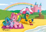  2009 ambiguous_gender beach castle cutie_mark detailed_background earth_pony equid equine feral giggles_(mlp) good_weather_(mlp) group hair hasbro horse long_hair mammal mlp_g1 multicolored_hair my_little_pony outside parasol_(g1) pony pre-g4 rainbow_hair seaside smile solkatt splosh_(mlp) tail umbrella watermark young 