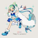  1girl altaria anniversary aqua_eyes aqua_hair arm_warmers asymmetrical_hair bird blue_choker blue_footwear boots breasts choker earrings eyelashes full_body grey_background hand_up heart heart_in_mouth highres jewelry leg_up lisia_(pokemon) long_hair looking_at_viewer medium_breasts navel overskirt pokemon pokemon_(creature) pokemon_(game) pokemon_oras shorts simple_background single_thighhigh solo sparkle striped striped_thighhighs thighhighs v white_shorts yxyx_ika zettai_ryouiki 