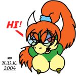  accessory anthro biped breasts clothed clothing dialogue digital_drawing_(artwork) digital_media_(artwork) eyewear female glasses hair hair_accessory horn koopa low_res mario_bros nintendo nipples nude open_mouth ponytail red_hair reddragonkan scalie solo text topless 