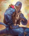  2022 5_fingers ambiguous_gender anthro avian biceps bird blue_body bottomless claws clothed clothing digital_media_(artwork) digital_painting_(artwork) dragon duo fingers forked_tongue hi_res jewelry komodo_dragon larger_male lizard male monitor_lizard muscular muscular_anthro muscular_arms muscular_male necklace ogin_(taran_fiddler) pecs reptile scales scalie simple_background size_difference smaller_ambiguous taran_fiddler thick_neck tongue tongue_out topless yellow_body 