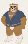  absurd_res anthro asian_clothing bear belly blush brown_body brown_fur bulge clothing east_asian_clothing eyebrows fundoshi fur happi_(clothing) hi_res japanese_clothing male mammal otsukimi_wataru overweight overweight_male pecs simple_background solo thick_eyebrows underwear vtuber white_background 