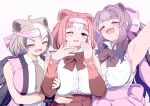  3girls animal_ears arm_up armpits bangs bear_ears bergman&#039;s_bear_(kemono_friends) black_hair bow breasts brown_eyes brown_hair center_frills closed_eyes coat extra_ears ezo_brown_bear_(kemono_friends) fangs frills grey_hair hair_bow half-closed_eye hands_up happy headband highres huge_breasts kemono_friends kodiak_bear_(kemono_friends) long_hair looking_at_viewer mamiyama multicolored_hair multiple_girls one_eye_closed open_clothes open_coat open_mouth shirt side-by-side simple_background smile torn_clothes torn_sleeves white_background white_hair 