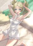  1girl alternate_costume armpits bangs bed blonde_hair blue_eyes commission fire_emblem fire_emblem_awakening hair_tie_in_mouth indoors lissa_(fire_emblem) looking_at_viewer mouth_hold nightgown on_bed parted_bangs pillow sitting skeb_commission smile snow20200 solo twintails twitter_username tying_hair wariza white_nightgown 
