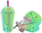  bubble_tea cup disposable_cup drinking drinking_straw highres lauren_walsh simple_background skull slime_(creature) sword weapon white_background 