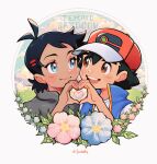  2boys :d antenna_hair ash_ketchum bangs baseball_cap black_hair blue_eyes blue_flower blue_jacket blush border brown_eyes closed_mouth commentary english_commentary flower goh_(pokemon) grey_shirt hand_up hat heart heart_hands heart_hands_duo highres jacket male_focus multiple_boys pink_flower pokemon pokemon_(anime) pokemon_journeys red_headwear shirt short_hair sleeveless sleeveless_jacket smile soulubles twitter_username watermark white_border white_shirt 