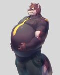  2016 5_fingers anthro aro_rouon belly big_belly black_clothing black_shirt black_topwear bodily_fluids bottomwear brown_body brown_fur canid canine canis clothing dress_shirt fingers fur green_bottomwear green_clothing green_eyes green_pants grey_background hand_on_stomach hands_on_belly hi_res holding_stomach looking_at_belly looking_down looking_down_at_self male mammal musclegut muscular muscular_anthro muscular_male necktie overweight overweight_anthro overweight_male pants shi_ha_chi shirt short_sleeves simple_background solo standing sweat sweatdrop topwear utau wolf yellow_necktie 
