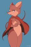  2023 absurd_res anthro blue_background blue_eyes brown_body brown_fur cheek_tuft digital_media_(artwork) don_bluth facial_tuft featureless_crotch female fur head_tuft hi_res mammal mouse mrs._brisby murid murine rodent simple_background solo the_secret_of_nimh tohupo tuft whiskers 