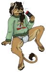  alpha_channel ambiguous_gender anthro asiatic_lion black_nose black_pawpads blue_eyes brown_body brown_fur clothing diaper facial_piercing felid fur fur_tuft hair heterochromia hi_res lion lip_piercing looking_up mammal muzzle_scabs nintendo nintendo_switch nonbinary_(lore) orange_eyes pantherine pasteldaydreamz pawpads piercing shaded simple_background sitting snakebite_piercing solo solo_focus sweater tied_hair topwear transparent_background tuft watermark 