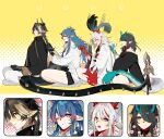  &gt;_&lt; 1boy 3girls arknights bangs bare_shoulders black_hair black_jacket black_skirt blue_hair blush chong_yue_(arknights) closed_eyes closed_mouth collared_shirt commentary_request dragon_girl dragon_horns dragon_tail dusk_(arknights) fang flame-tipped_tail grey_hair hair_between_eyes hair_over_one_eye hairdressing highres horns jacket jiaozixu light_smile ling_(arknights) long_hair multicolored_hair multiple_girls necktie nian_(arknights) off_shoulder one_eye_closed open_mouth orange_eyes pants parted_lips pleated_skirt prehensile_tail profile purple_eyes red_hair red_necktie shirt sitting skirt streaked_hair tail very_long_hair white_jacket white_pants white_shirt 