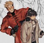  1boy 1girl black_hair blonde_hair closed_eyes closed_mouth crossover earrings fingerless_gloves gloves jacket jewelry meryl_stryfe short_hair single_earring smile sunglasses to_0fu trigun trigun_stampede vash_the_stampede white_jacket 