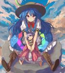  2girls bangs barefoot black_headwear blue_hair blue_sky boots bow bowtie brown_headwear closed_mouth cloud food fruit full_body highres hinanawi_tenshi japanese_clothes keystone kimono leaf long_hair looking_at_another looking_at_viewer minigirl multiple_girls open_mouth outdoors peach purple_hair red_bow red_bowtie red_eyes red_kimono shirt short_hair short_sleeves sitting sky smile sukuna_shinmyoumaru syope touhou white_shirt 