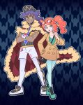  1boy 1girl aqua_eyes baseball_cap blue_background boots cape champion_uniform coat collarbone commentary crossed_arms dark-skinned_male dark_skin dynamax_band english_commentary eyewear_on_head facial_hair full_body fur-trimmed_cape fur_trim hair_ornament hat heart heart_hair_ornament houndstooth_background leon_(pokemon) open_mouth orange_hair pokemon pokemon_(game) pokemon_swsh purple_hair side_ponytail sonia_(pokemon) standing sunglasses vergolophus white_footwear yellow_eyes 