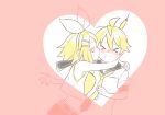  &gt;_&lt; 1boy 1girl :i ahoge arched_back arms_around_neck bare_arms bare_shoulders blonde_hair bon_bon_eee bow eating flat_chest food_in_mouth full_mouth glomp hair_bow hair_ornament hairclip happy_valentine heart heart_frame highres hug kagamine_len kagamine_rin kiss kissing_cheek leaning_forward limited_palette midriff neckerchief necktie sailor_collar shirt short_ponytail short_sleeves shorts sleeveless sleeveless_shirt surprise_kiss surprised vocaloid white_bow yellow_neckerchief yellow_necktie 