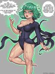  1girl abs aura bare_legs barefoot black_dress breasts cheekie commentary dress english_commentary green_eyes green_hair grey_background groin hand_up highres large_breasts long_sleeves looking_at_viewer one-punch_man open_mouth scar scar_across_eye short_hair single_bare_shoulder solo speech_bubble tatsumaki thighs torn_clothes torn_dress 