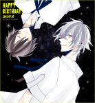  2015 2boys black_background black_hair blue_eyes border closed_eyes dated happy_birthday kokuchou_no_psychedelica male_focus monshiro_(kokuchou_no_psychedelica) multiple_boys red_eyes shirt short_hair short_sleeves smile unm777 white_hair white_shirt yamato_(kokuchou_no_psychedelica) yellow_border 