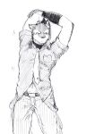  2014 anthro aro_rouon bottomwear canid canine canis clothing dress_shirt greyscale hand_behind_head hi_res male mammal midriff monochrome necktie pants shi_ha_chi shirt short_sleeves sketch solo stretching topwear traditional_media_(artwork) utau wolf 