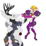  antlers armor asphyxiation blonde_hair cannon choking dangling_legs deer dephacious duo female glowing glowing_eyes gravity_suit hair horn male mammal metroid metroid_dread nintendo ranged_weapon raven_beak ravenbuck samus_aran weapon 