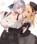  2girls black_choker black_dress black_jacket black_tank_top blonde_hair braid choker couple dark-skinned_female dark_skin dress elf french_braid green_eyes grey_dress grey_hair highres hololive jacket jewelry long_hair looking_at_viewer medium_hair mochi_rice_(mochi_rice33) multicolored_hair multiple_girls off-shoulder_sweater off_shoulder pendant pendant_choker pinstripe_dress pinstripe_pattern pointy_ears ribbed_sweater sailor_collar sailor_dress shiranui_flare shirogane_noel short_dress short_hair smile snowflake_pendant streaked_hair striped striped_dress sweater tank_top vertical-striped_dress vertical_stripes virtual_youtuber wavy_hair white_sailor_collar white_sweater 