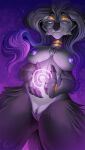  anthro breasts clitoris eyelashes eyewear female fur generation_5_pokemon genitals glasses grey_body grey_fur hair hi_res jewelry legendary_pokemon long_hair magic necklace nintendo nipples pokemon pokemon_(species) purple_eyes purple_nipples purple_pussy pussy reshiram round_glasses smile solo wetsealky 