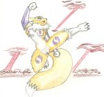  anatomically_correct anatomically_correct_genitalia anthro bandai_namco biped breasts canid canine digimon digimon_(species) digiworld female fox fur genitals kick long_tail mammal midair nipples nude open_mouth pussy reddragonkan renamon solo tail traditional_media_(artwork) 