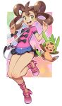  1girl :d absurdres bag bangs blue_shorts brown_hair chespin commentary eyelashes green_eyes hands_up happy highres mr.thunderigor open_mouth pink_footwear pink_shirt pokemon pokemon_(creature) pokemon_(game) pokemon_xy scrunchie shauna_(pokemon) shiny_skin shirt shoes short_shorts short_sleeves shorts shoulder_bag smile teeth tongue upper_teeth_only w_arms wrist_scrunchie 