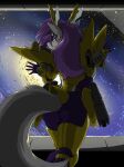  2014 anthro armor biped breasts candid canid canine canis colored farleona female hair inside looking_at_viewer looking_back looking_back_at_viewer mammal purple_hair smile solo space star window wolf yellow_armor zerofox1000 