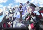  4girls absurdres animal_ears apron azur_lane bare_shoulders black_cape black_footwear black_gloves black_headwear blue_eyes blue_hair blue_sky bodystocking boots breasts buttons cape cheshire_(azur_lane) cloud cloudy_sky coat cross detached_sleeves double-breasted drake_(azur_lane) dress elbow_gloves fake_animal_ears floating_hair frilled_dress frills from_behind gloves grey_hair hat headgear high_heels highres iron_cross large_breasts long_hair long_ribbon long_sleeves military military_hat military_uniform multicolored_hair multiple_girls new_jersey_(azur_lane) outdoors peaked_cap pink_hair ponytail puffy_detached_sleeves puffy_sleeves purple_apron purple_hair red_dress renirum_14 seydlitz_(azur_lane) shoes sitting sky smile streaked_hair thigh_boots thighhighs two-tone_dress two-tone_hair uniform very_long_hair water white_coat white_dress white_footwear white_garter_straps white_gloves white_thighhighs yellow_eyes 